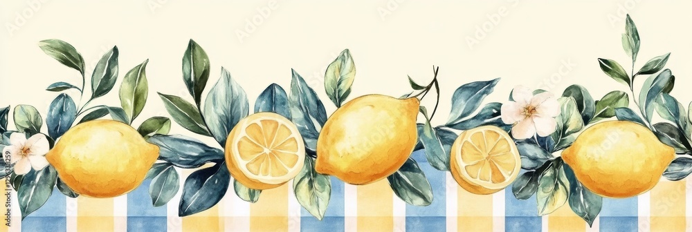 Poster fresh lemons and vibrant greenery arranged along a table with a checkered pattern. generative ai