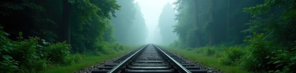 Fototapeta premium Railway track disappears into the misty veil of a forest, mist, serene