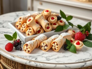 Italian Cannoli sweets on a marble table
