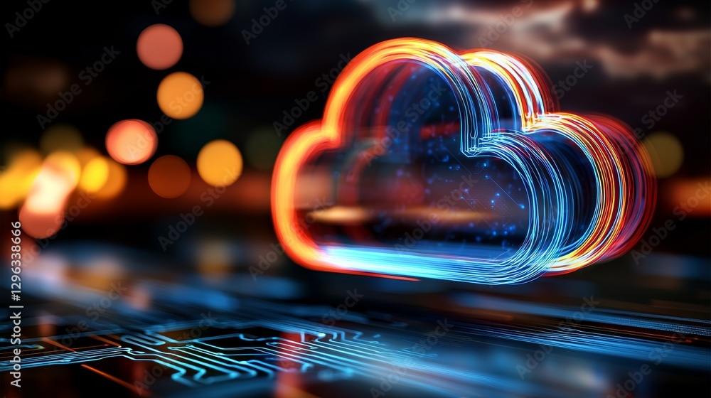 Poster a 3d depiction of a green glowing light cloud upload symbol on a technologically advanced floor