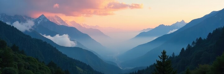 Obraz premium Serene Himalayan valley at dawn with misty mountains and a cloudy sky, mist, mountains