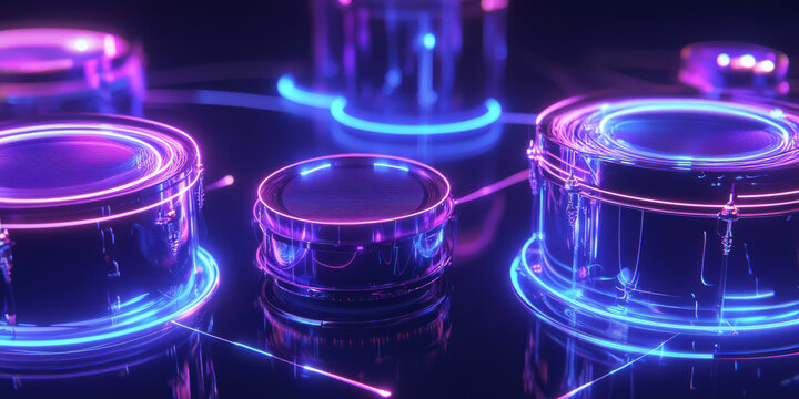 A futuristic 3D music background showcasing a levitating, glowing neon drum set, each drum pulsating with abstract sound waves. The immersive visualization captures the essence of rhythm, electronic