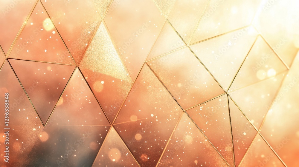 Poster gold triangles and glowing particles create an abstract background effect