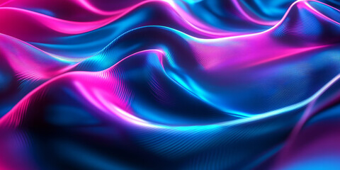Fototapeta premium A hypnotic 3D abstract background with infinite digital waves, pulsating in neon blue and pink shades. The seamless blend of reflections and smooth gradients enhances the modern futuristic vibe.