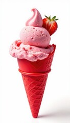 Strawberry ice cream scoop in a red cone on white background, frozen, colorful