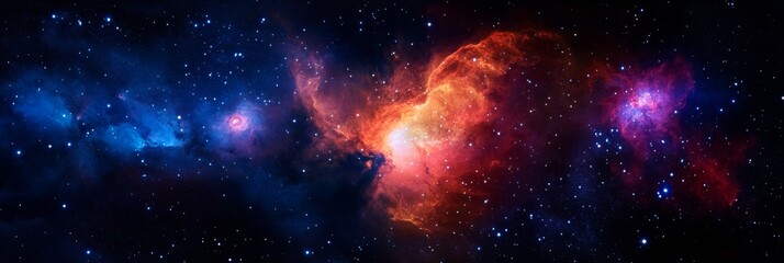 Fototapeta premium Cosmic Nebulae: A Celestial Tapestry - Vibrant nebulae in shades of red, blue, and pink, illuminated by distant stars, create a breathtaking cosmic landscape