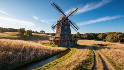Fototapeta premium Picturesque Wooden Windmill in a Golden Wheat Field under a Sunny Sky A Serene Rural Landscape