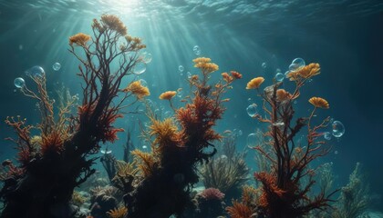 Obraz premium Underwater scene with air bubbles and seaweed, underwater scenery, marine life, aquatic plants