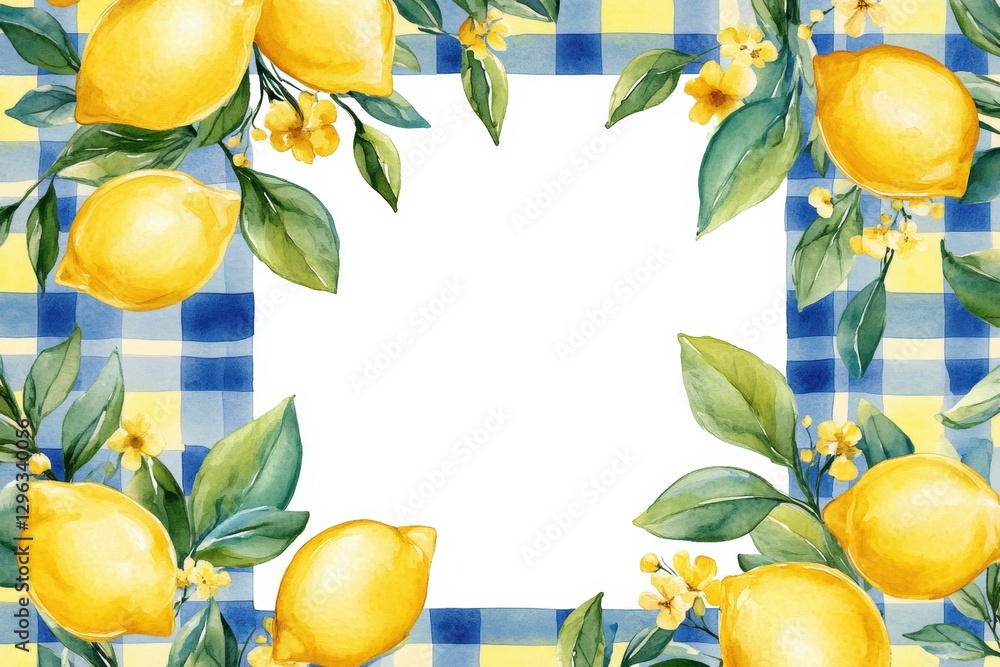 Poster bright lemon border design with yellow flowers and blue checkered background for creative projects i