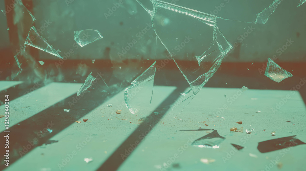 Poster broken glass fragments on concrete floor highlighting fragile urban scene design