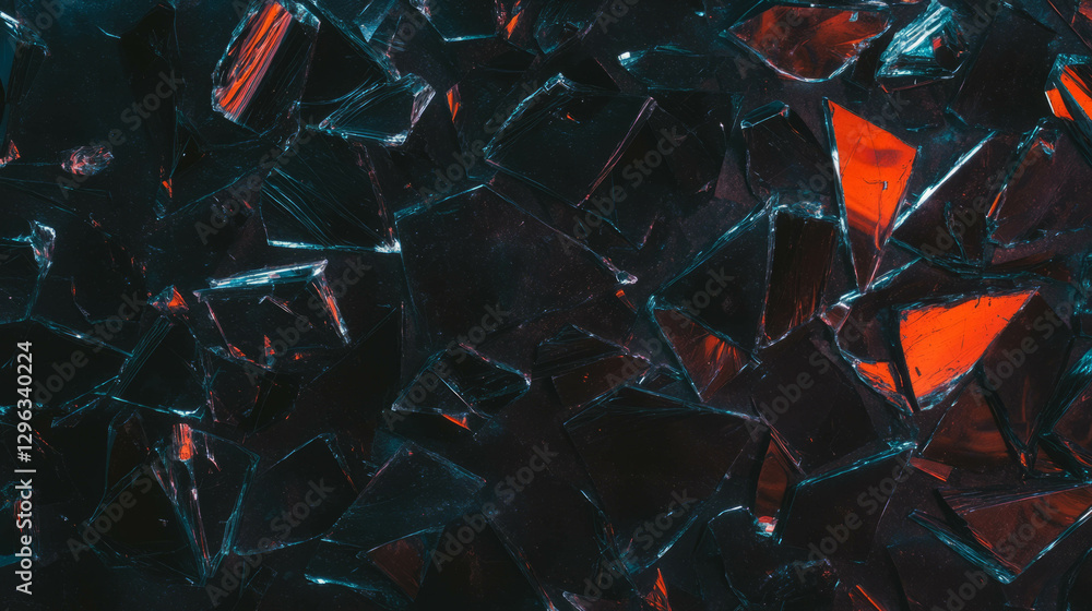 Poster broken glass texture with sharp fragments in dark and vibrant colors
