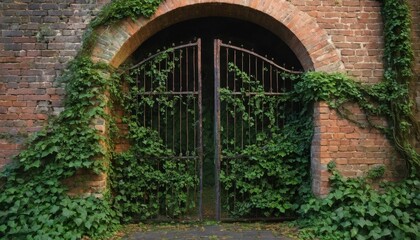 Overgrown Metal Gate in Rustic Brick Archway Lush Green Ivy Covered Old Entrance