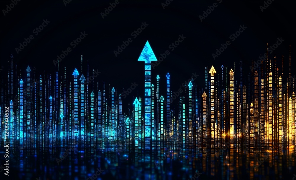 Poster a blue backdrop is adorned with a series of arrows pointing upwards, which are spaced out and interc