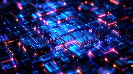Fototapeta premium Abstract technology background featuring glowing blue and pink squares with digital design elements