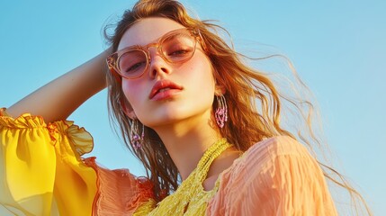 A vision in summery hues - a young woman with sun-kissed skin and flowing golden hair, adorned in vibrant sundresses and playful accessories, embodying the carefree spirit of the season.
