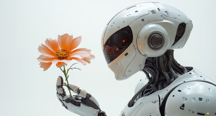 Fototapeta premium A humanoid robot gently holds a vibrant flower, representing the connection between technology and nature, promoting themes of peace and harmony in humanity.