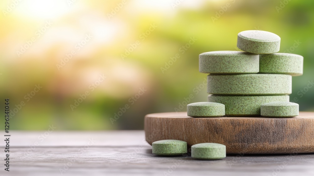 Poster stack of fresh green apples on a wooden table with natural lighting and a rustic background