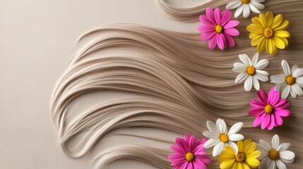 Beautiful long blonde hair with yellow and white flowers is arranged on a light background, showcasing a natural beauty concept