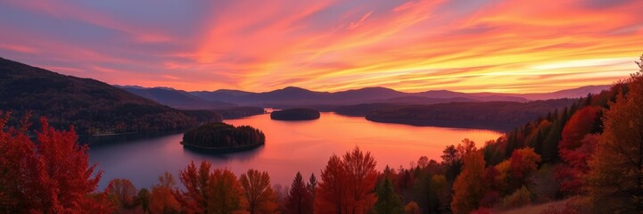 Obraz premium Vibrant orange and pink sunset over tranquil Hintersee lake surrounded by colorful autumn foliage, tranquil, idyllic, nature