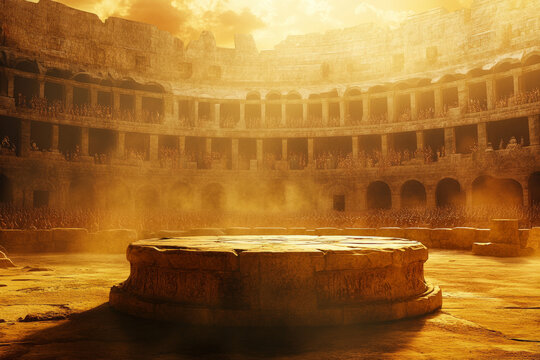 A gladiator arena 3D background featuring an ancient stone podium at the heart of a grand coliseum. The roaring crowd cheers, while sunlight filters through dust clouds, illuminating the battleground