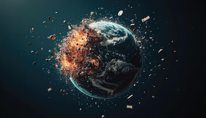 A visually striking depiction of Earth exploding, with debris and flames, symbolizing destruction and chaos in a dark cosmic setting.