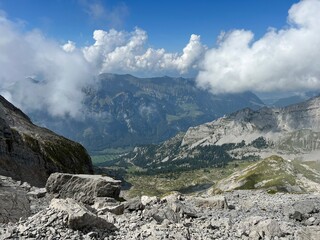 Alpine valley Melchtal along the river Grosse Melchaa and in Uri Alps mountain massif, Melchtal - Canton of Obwalden, Switzerland (Kanton Obwald, Schweiz)