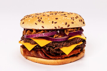BBQ Beef Burger with Bacon on white background