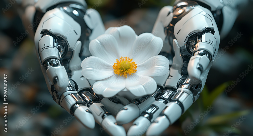 Poster a humanoid robot gently cradles a white flower with a yellow center, symbolizing harmony and connect