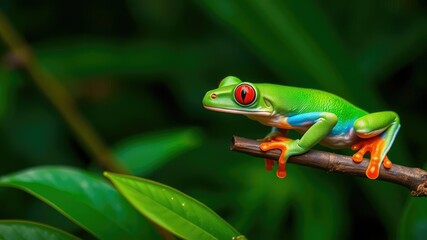 Fototapeta premium Vibrant red-eyed tree frog perched on lush green branch in tropical rainforest, nature, animal in nature