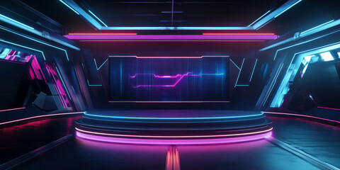 A high-tech 3D background featuring a stage-like podium with embedded LED panels. The dynamic lighting effects and interactive holographic displays make it perfect for technology-focused presentations