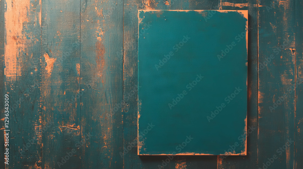 Poster turquoise canvas on weathered wooden background for art display and interior design