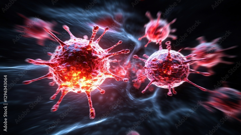 Poster two red and white viruses on a black background with detailed structure and design elements visible
