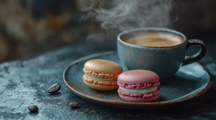 colorful macaroons in a cup with a cup of coffee