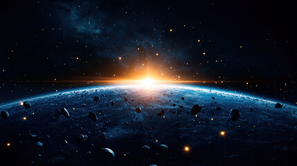 Fototapeta premium A breathtaking view of Earth from space, showcasing a glowing sunrise amidst a backdrop of stars and cosmic debris.
