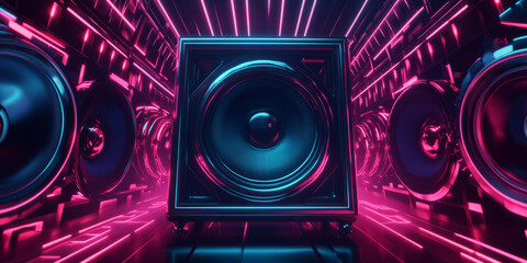 Fototapeta premium A cybernetic 3D music background displaying a massive neon speaker, surrounded by swirling, glowing sound waves. The futuristic, high-energy visualization represents deep bass, modern sound design,