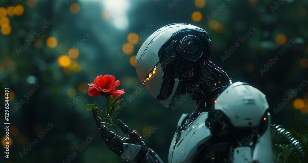 Poster A humanoid robot delicately holds a bright red flower in a lush garden, symbolizing harmony between technology and nature in a serene environment.