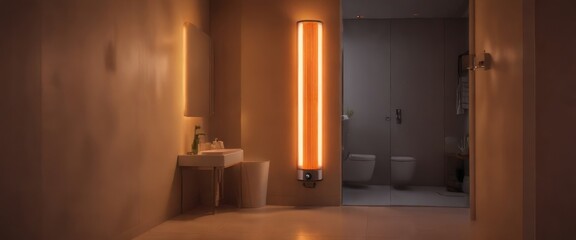 Warm light emitted by bathroom heater at night, serene glow, cozy atmosphere, peaceful ambiance