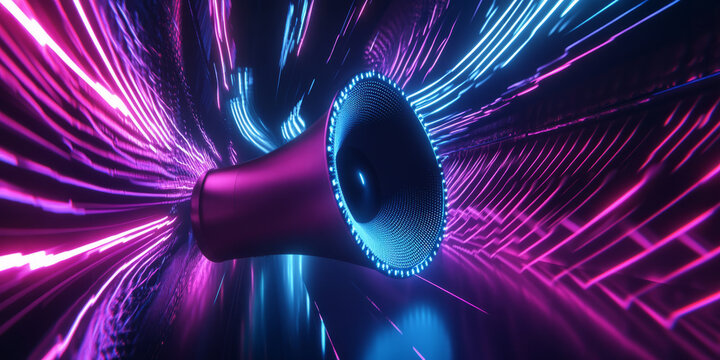 A breathtaking 3D music background featuring an enormous, glowing neon speaker emitting waves of pulsating sound energy. The futuristic, immersive visualization captures the power of bass, treble, and