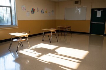 Early Morning Sunlight in Empty Classroom - An empty classroom bathed in the warm glow of early morning sunlight. Symbolizing new beginnings, potential, education, quiet reflection
