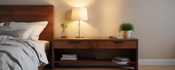 Warmly lit bedroom interior with wooden bedside table, chic floor lamp, modern interior, cozy home decor, wooden furnishings