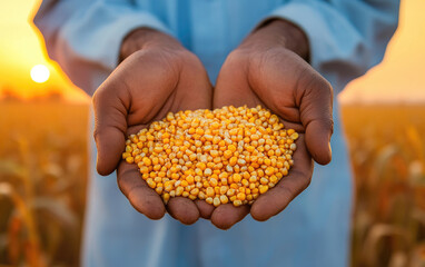 A person holds yellow seeds in their palms, symbolizing agriculture and the promise of growth against a golden sunset backdrop.