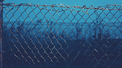 Moody background of chain link fence with barbed wire for security and protection themes