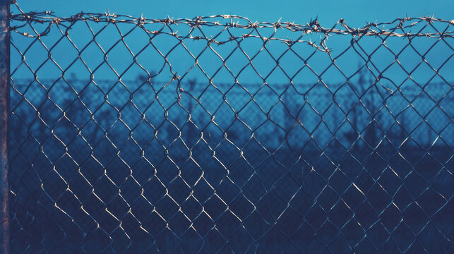 Moody background of chain link fence with barbed wire for security and protection themes