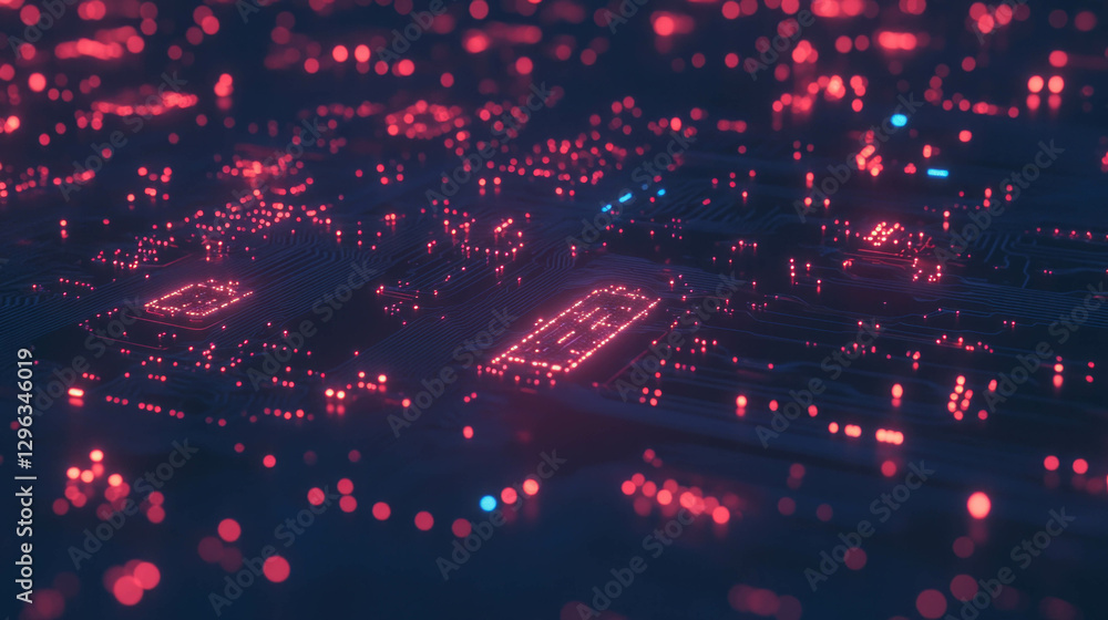 Poster futuristic circuit board background with glowing led components for technology design
