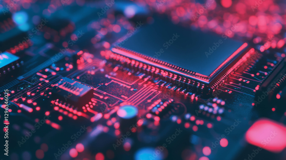 Poster futuristic circuit board with glowing components for technology design