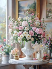 Fototapeta premium Fresh flowers in white vase placed on a small table in bright room interior with paintings, potted plants and candles on shelves in blurred background