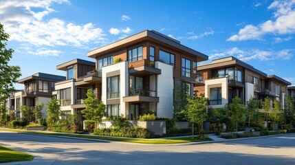 New Modern Apartment Buildings in Vancouver BC. Canadian modern residential architecture on sunny day. Canadian modern residential architecture, low-rise new townhouses. Neighborhood modern houses