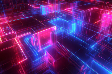 Obraz premium A high-tech 3D abstract background with layers of translucent, holographic panels arranged in a complex digital mosaic. The vibrant neon outlines, dynamic reflections, and intricate network of