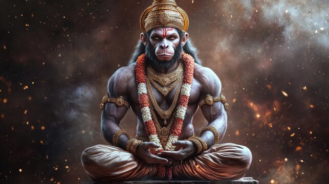 Lord hanuman ji on parvat stand virat panchmukhi hamuman ji glaxy background