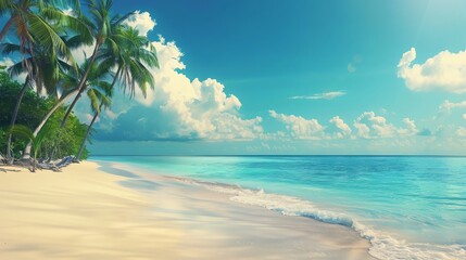 Obraz premium A tropical beach with palm trees and blue water.